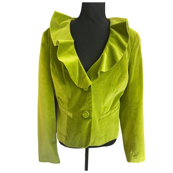 New Metrostyle Lime Green Ruffle Velvet Button-Up Jacket Blazer Women 14 Luxury - Picture 1 of 9